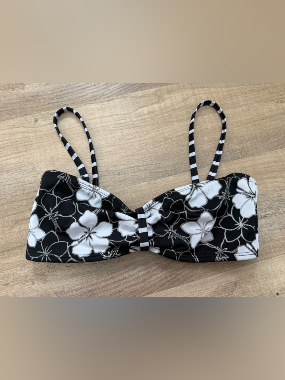 Girls, black, white and gray Hawaiian print bikini top with striped straps